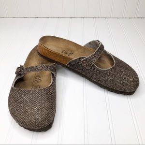Birkenstock’s Birki’s brown herringbone Mary Jane